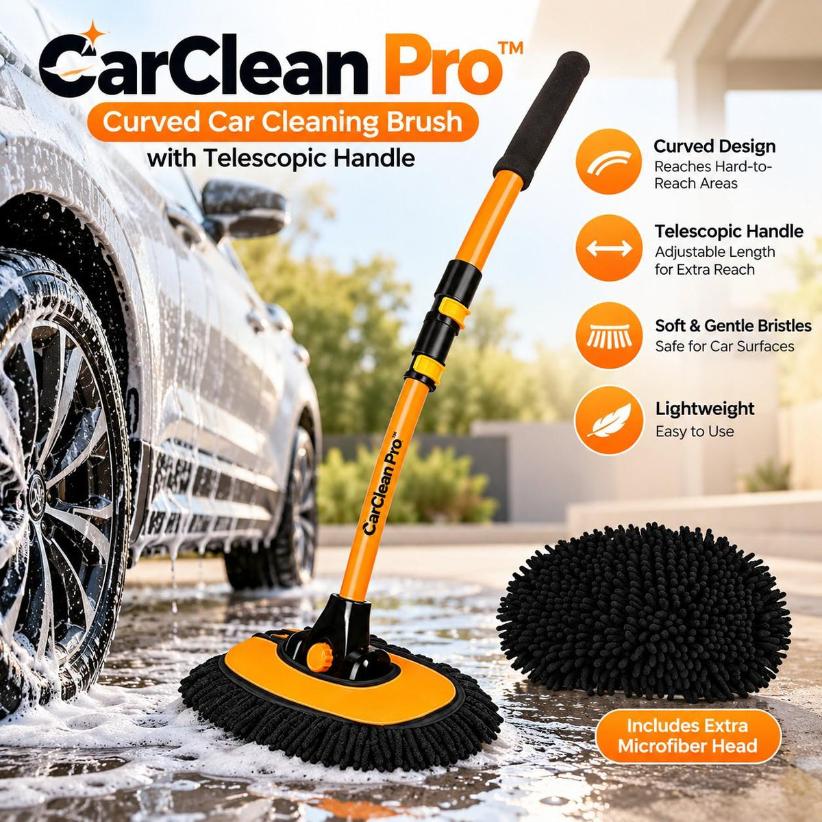 CarClean Pro™ – Curved Car Brush with Telescopic Handle